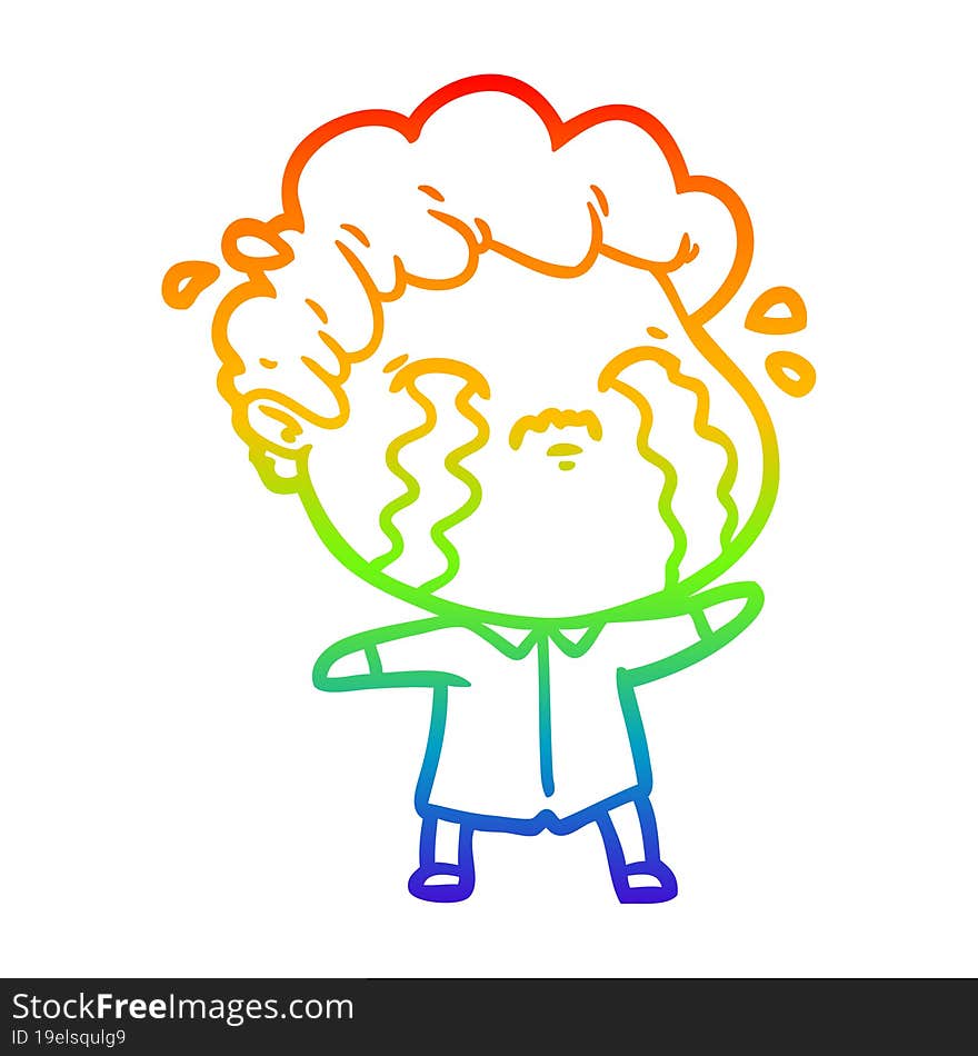 rainbow gradient line drawing of a cartoon man crying