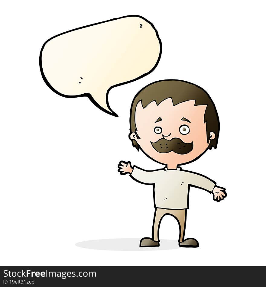 cartoon man with mustache waving with speech bubble