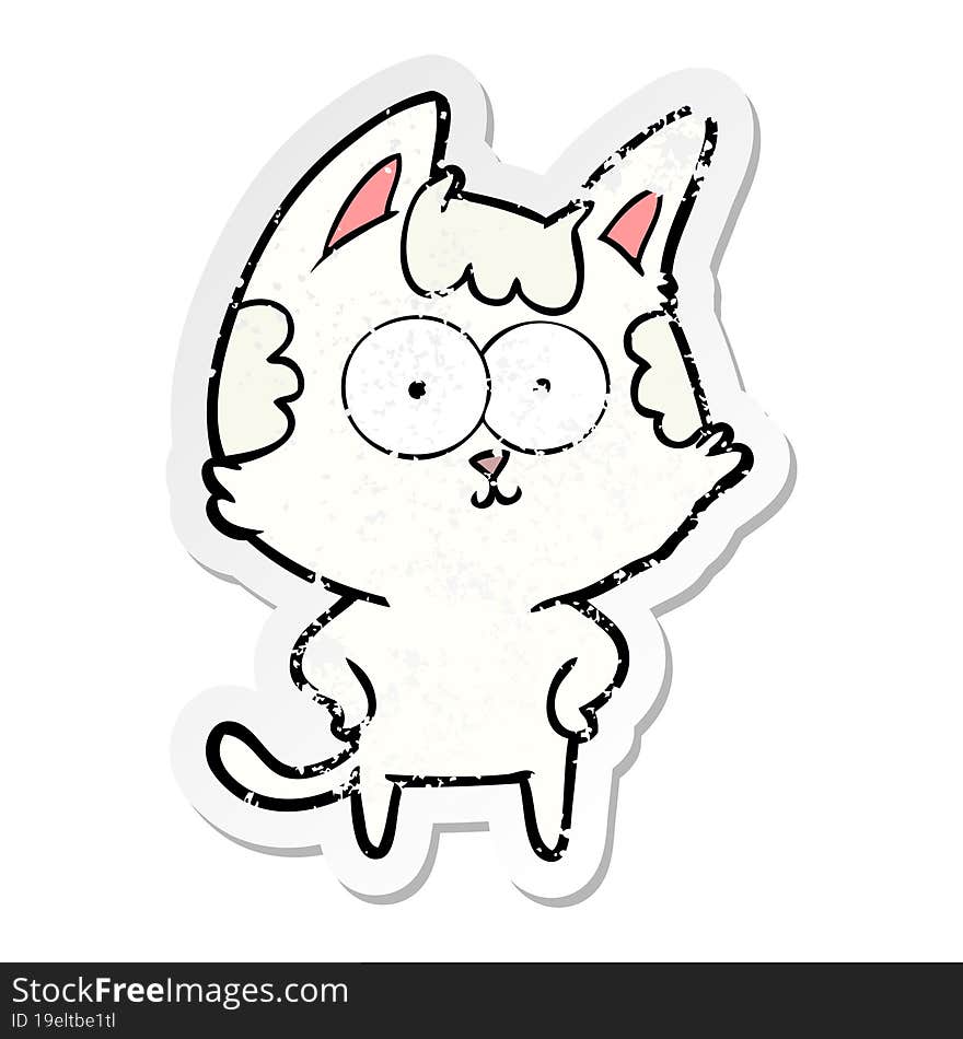 distressed sticker of a happy cartoon cat