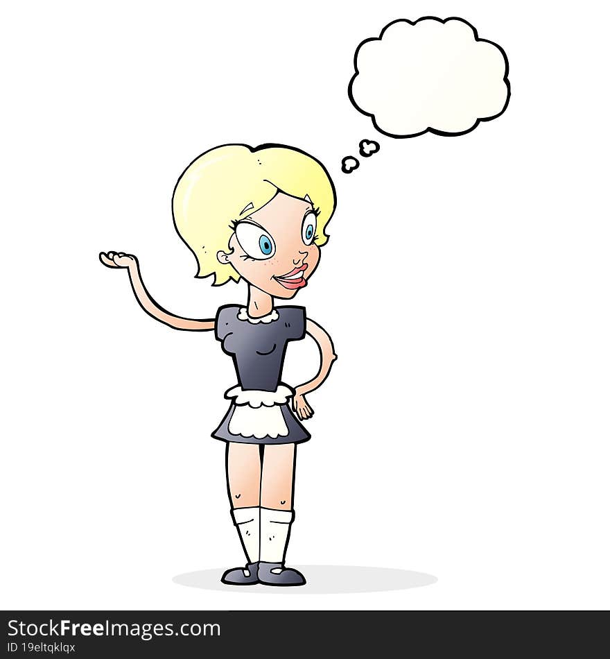 cartoon woman in maid costume with thought bubble