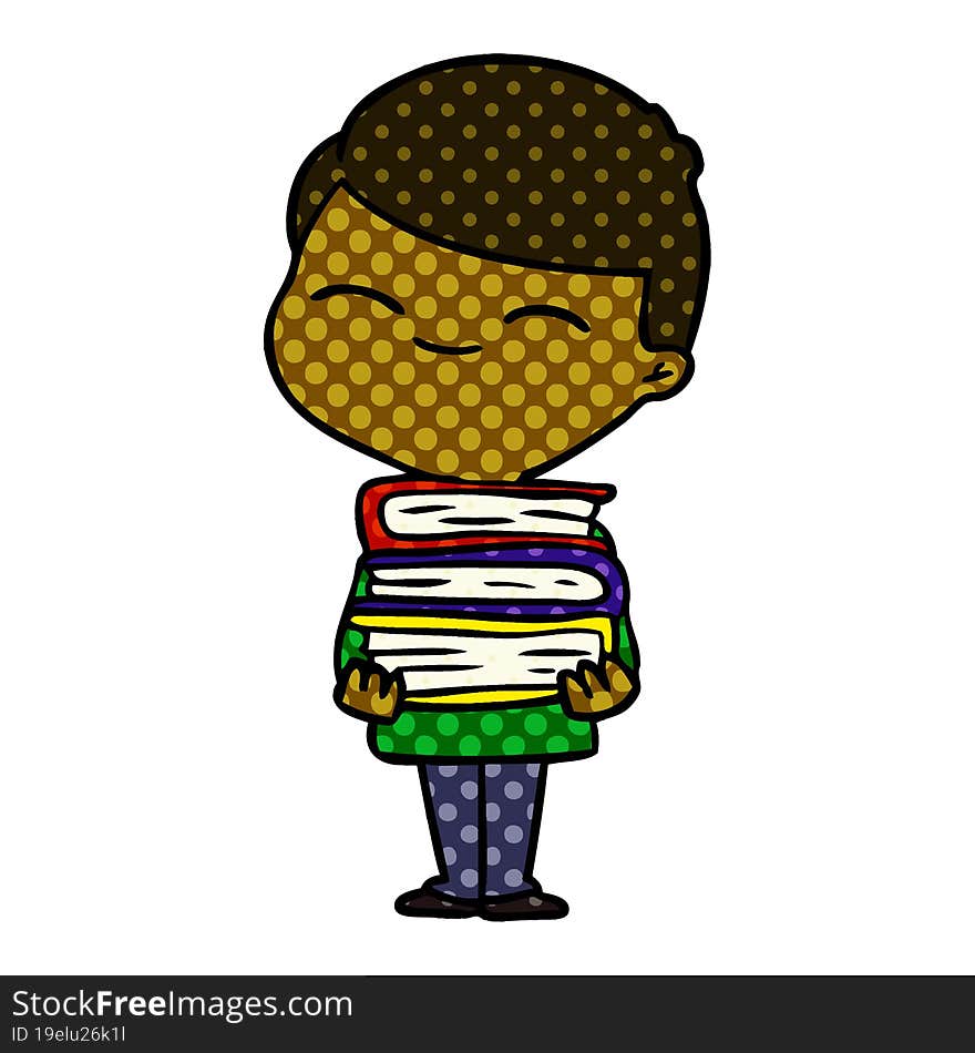 cartoon smiling boy with stack of books. cartoon smiling boy with stack of books