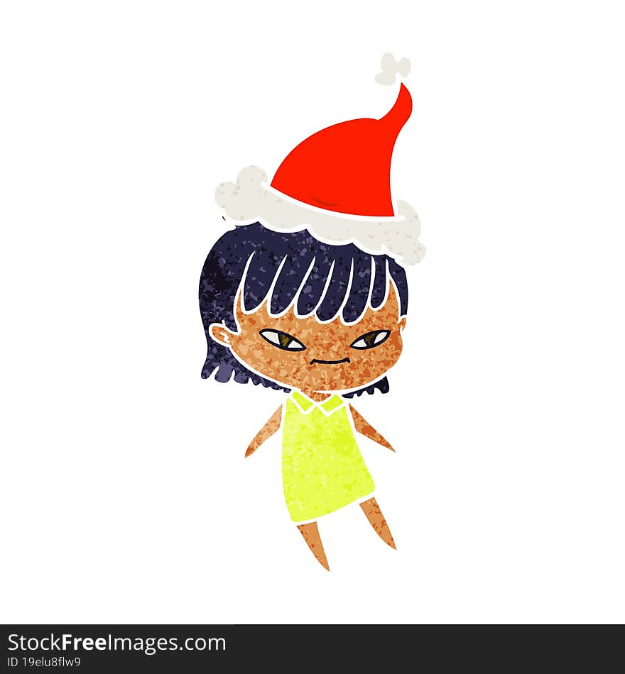 hand drawn retro cartoon of a woman wearing santa hat