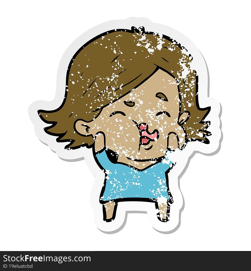 distressed sticker of a cartoon girl pulling face