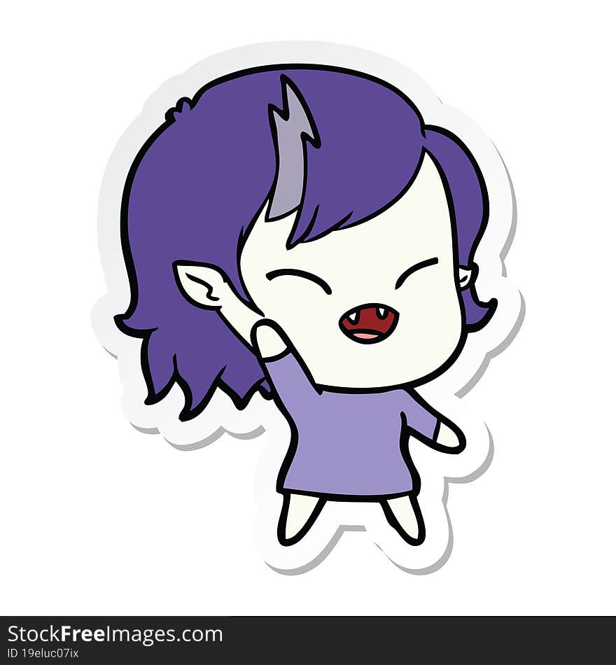 sticker of a cartoon laughing vampire girl waving