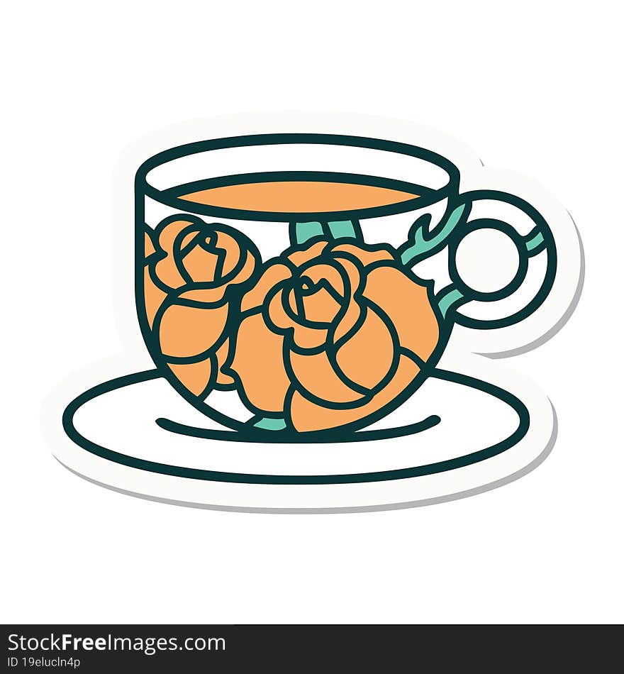 Tattoo Style Sticker Of A Cup And Flowers