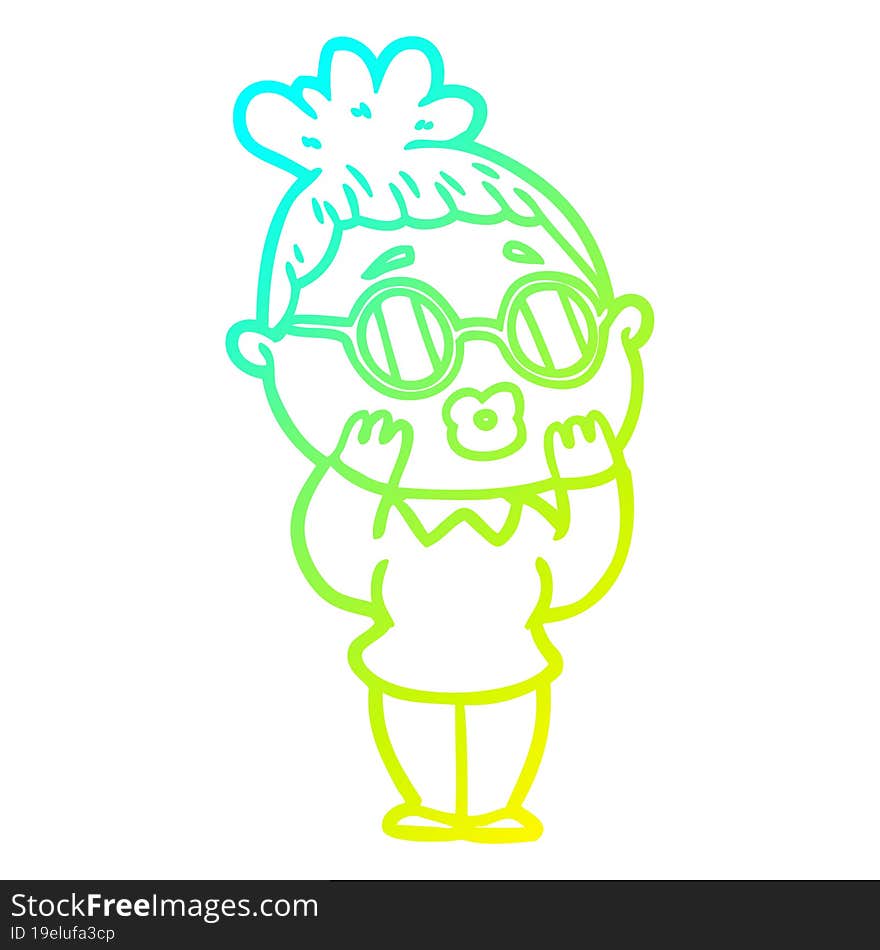 cold gradient line drawing of a cartoon woman wearing spectacles