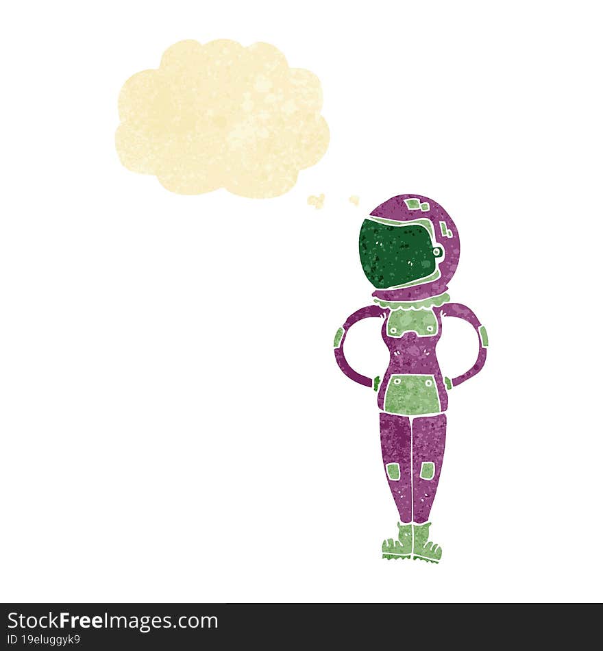 cartoon female astronaut with thought bubble