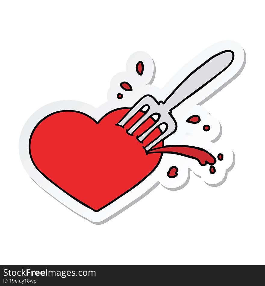 sticker of a cartoon love heart stuck with fork