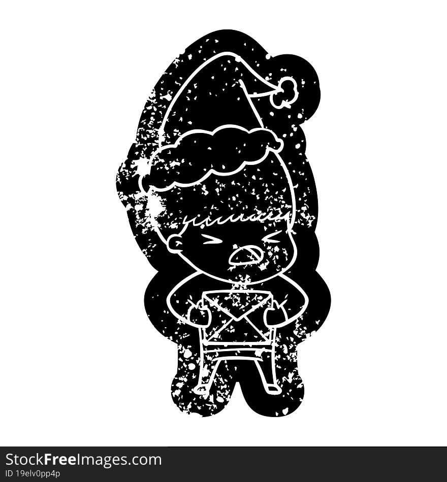 cartoon distressed icon of a stressed man wearing santa hat