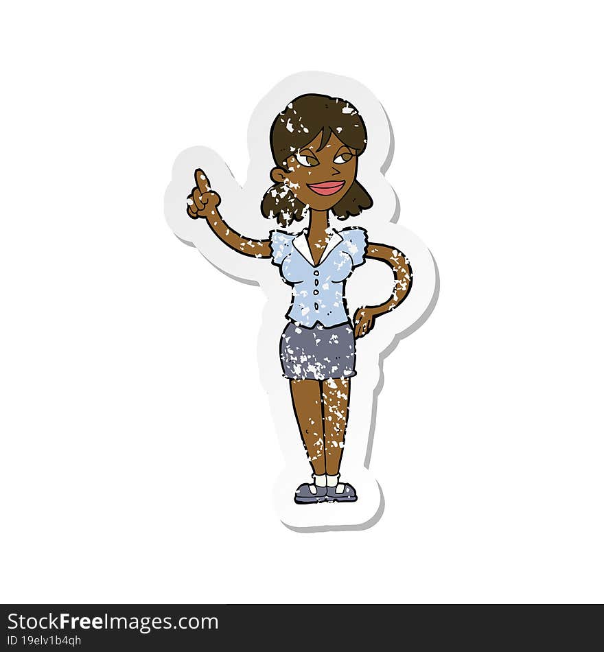 retro distressed sticker of a cartoon woman with great idea