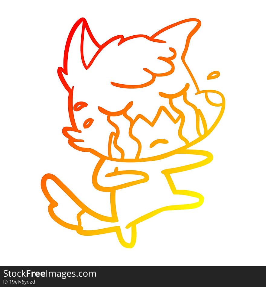 warm gradient line drawing of a crying fox cartoon dancing