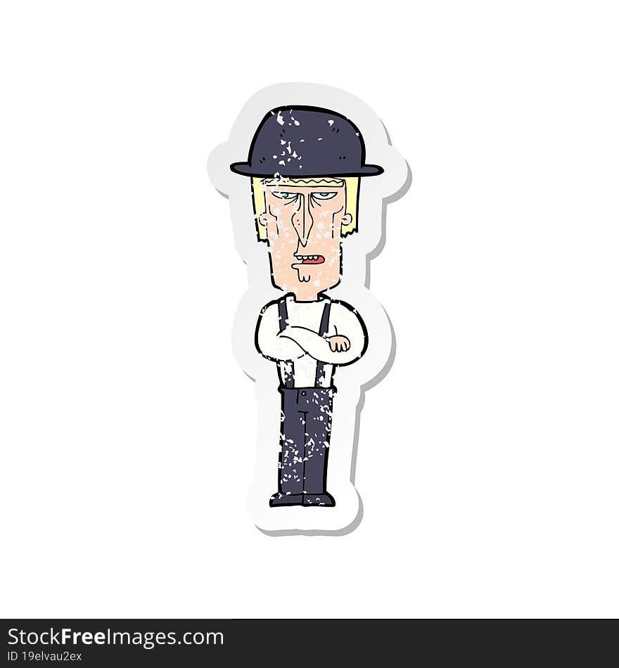 retro distressed sticker of a cartoon man wearing hat