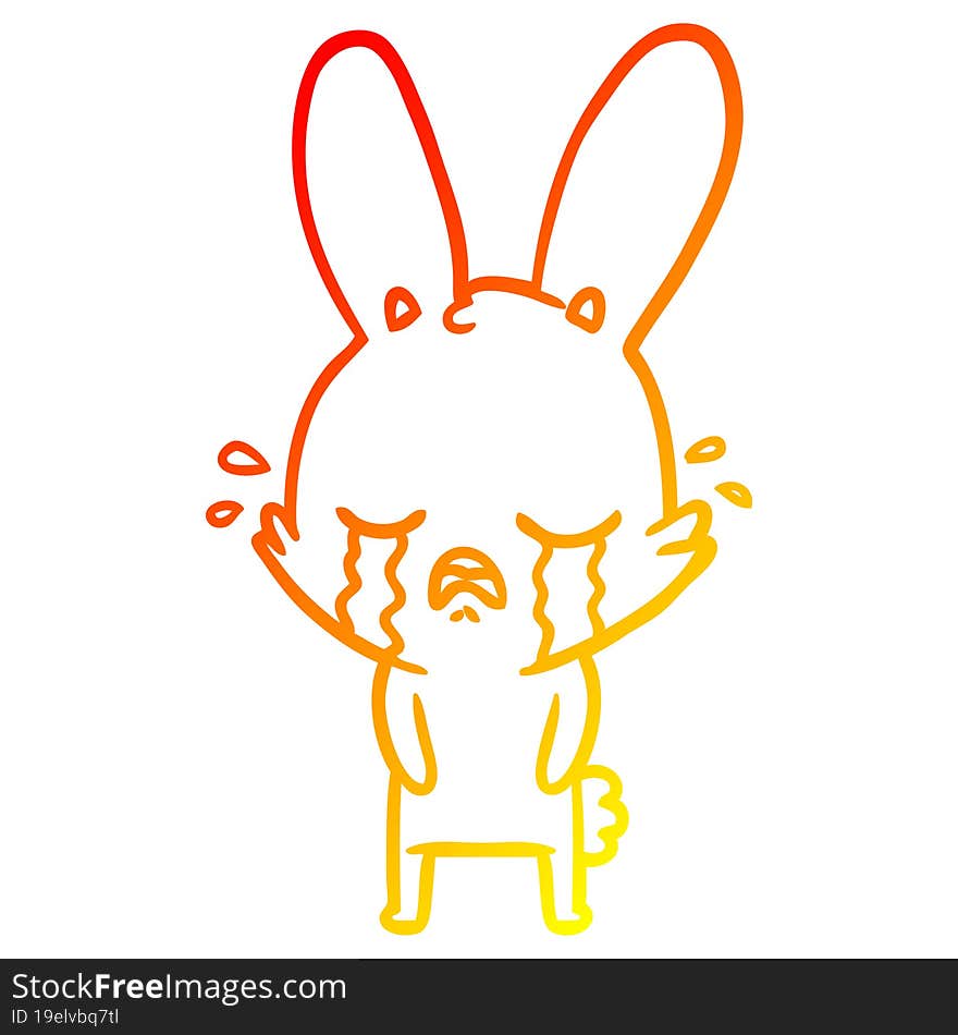 warm gradient line drawing of a cute cartoon rabbit crying