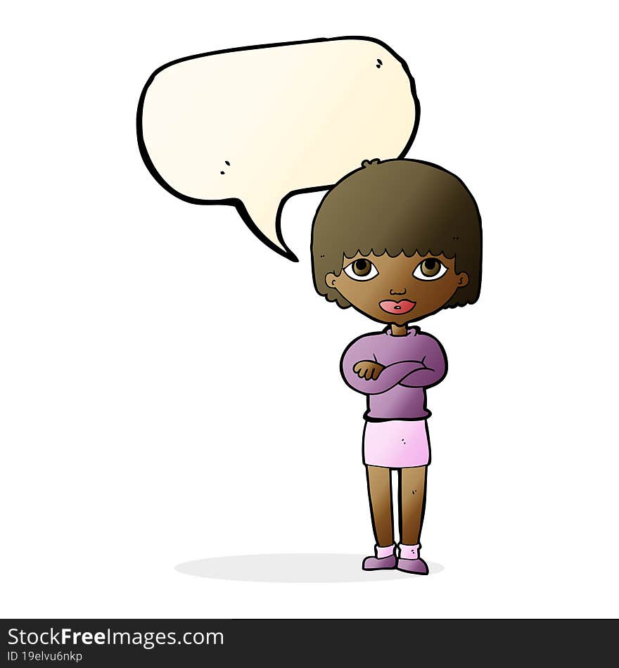 cartoon woman with folded arms with speech bubble