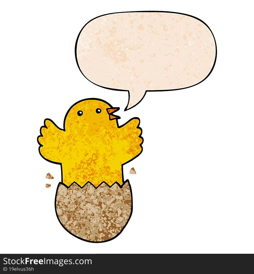 cartoon hatching bird with speech bubble in retro texture style