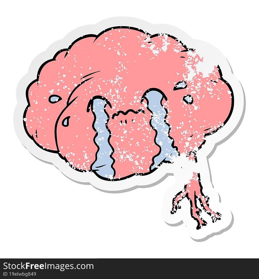 distressed sticker of a cartoon brain with headache