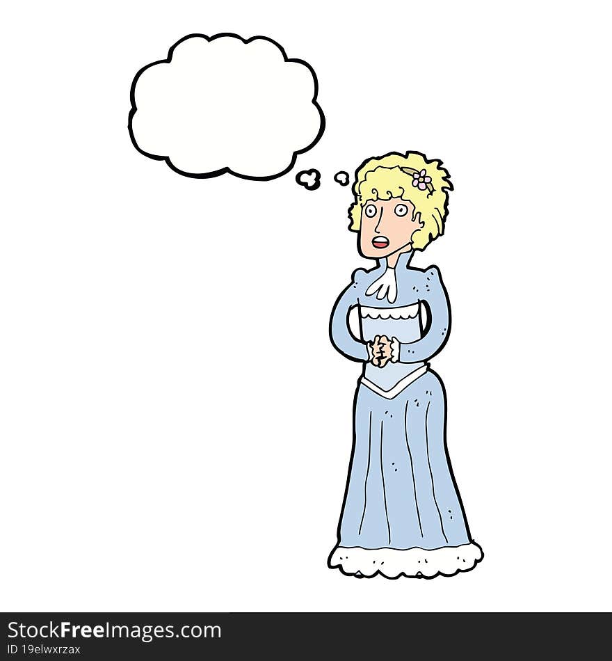 cartoon shocked victorian woman with thought bubble