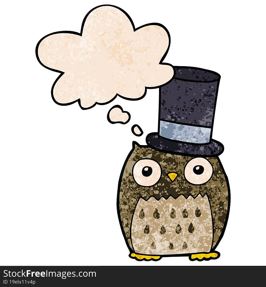 Cartoon Owl Wearing Top Hat And Thought Bubble In Grunge Texture Pattern Style