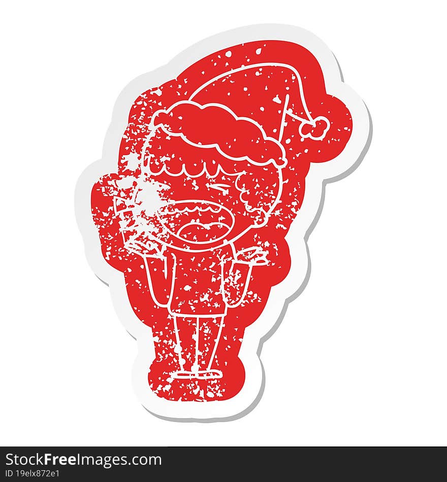 quirky cartoon distressed sticker of a laughing man wearing santa hat