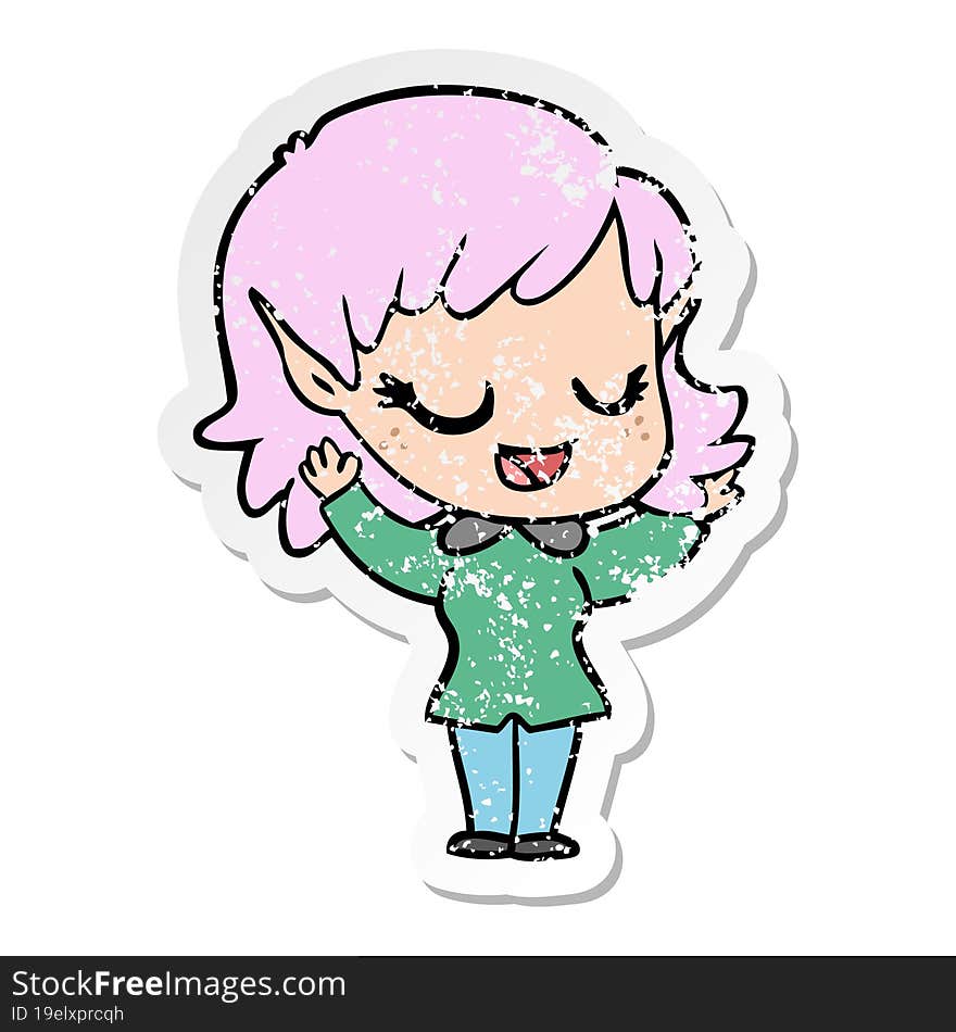 distressed sticker of a happy cartoon elf girl