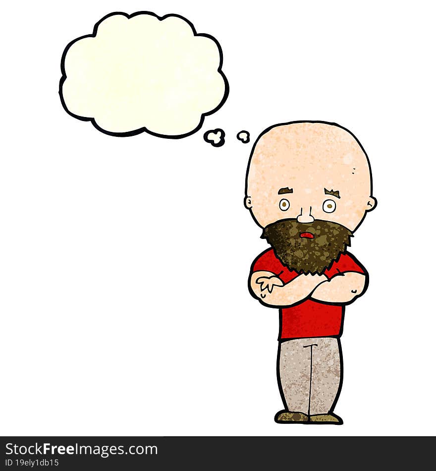 cartoon shocked bald man with beard with thought bubble