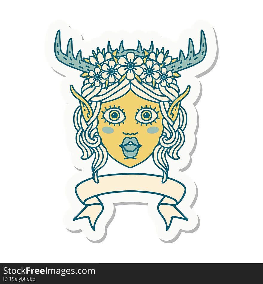 sticker of a elf druid character face with banner. sticker of a elf druid character face with banner