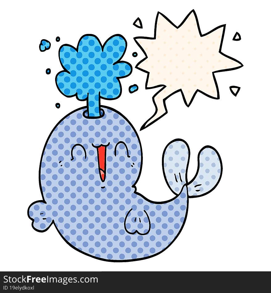 cartoon whale spouting water and speech bubble in comic book style