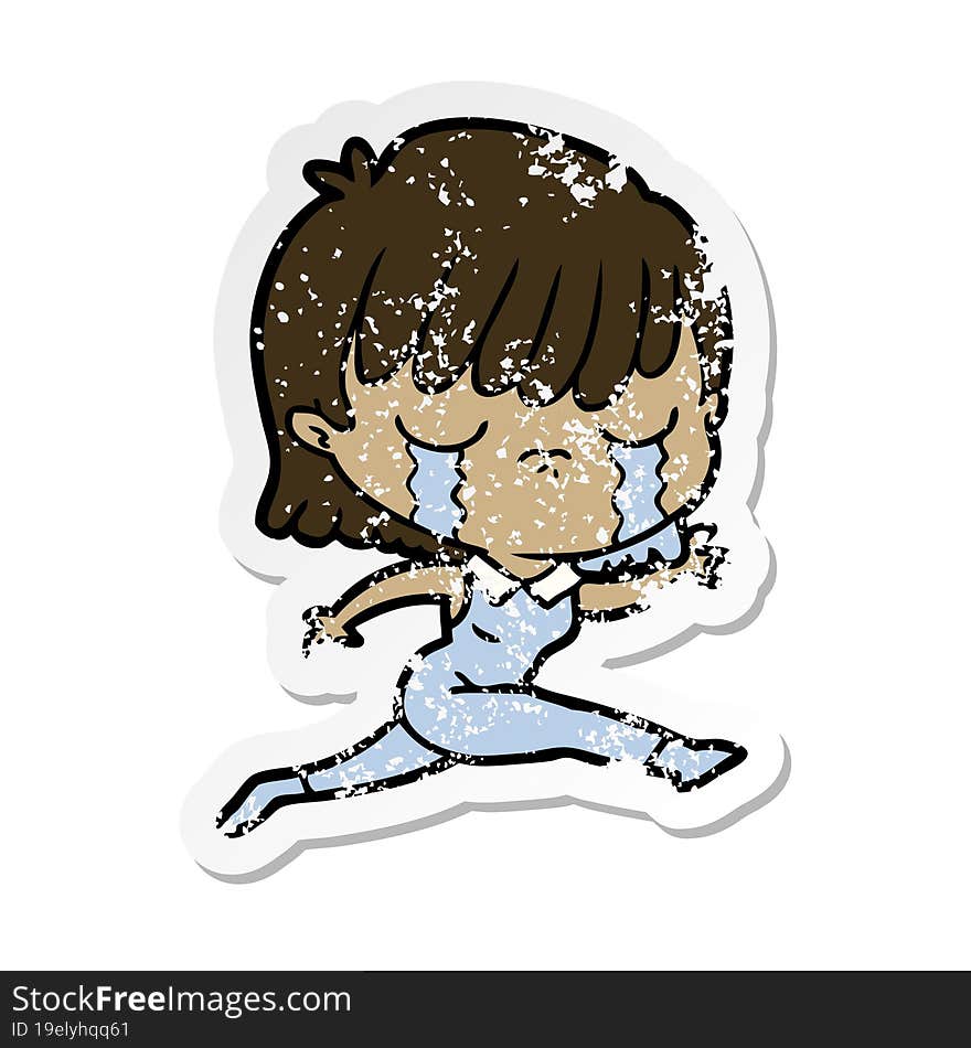 distressed sticker of a cartoon woman crying