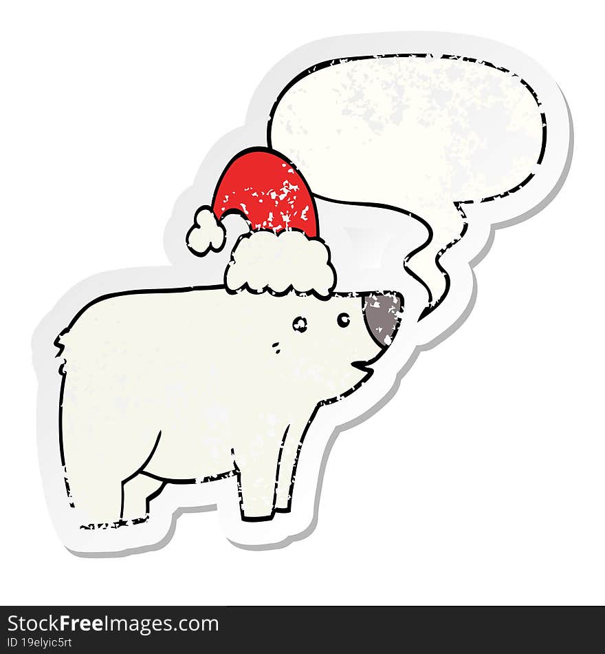 cartoon bear wearing christmas hat and speech bubble distressed sticker