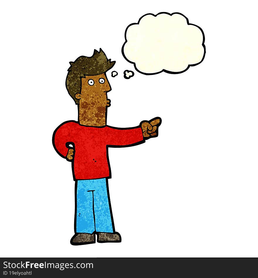 cartoon curious man pointing with thought bubble