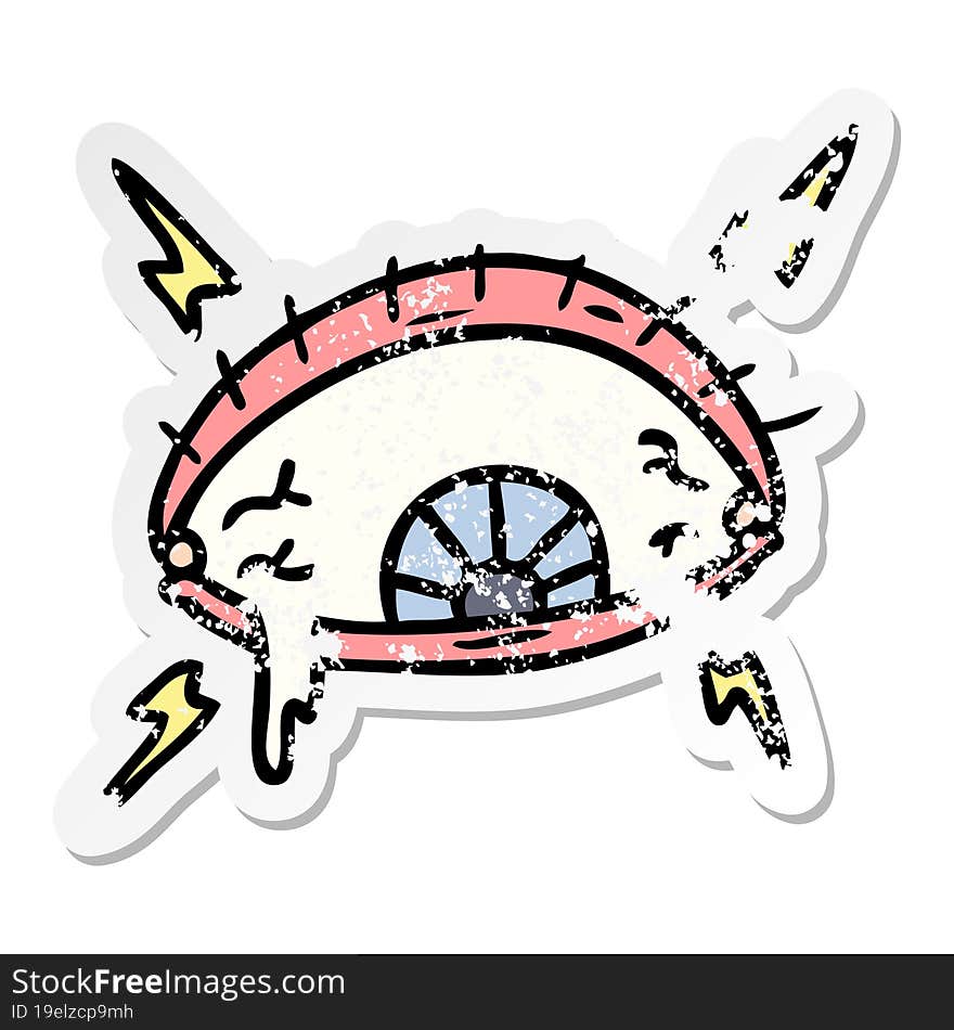 distressed sticker cartoon doodle of an enraged eye