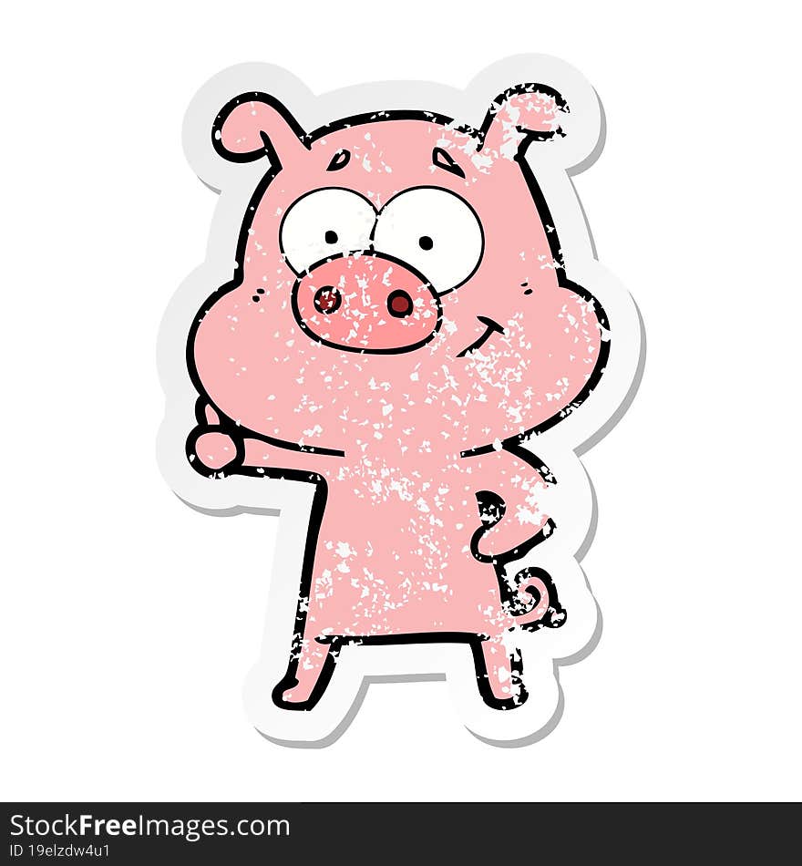 distressed sticker of a happy cartoon pig