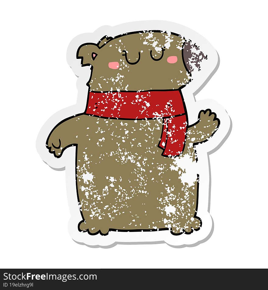 Distressed Sticker Of A Cartoon Bear With Scarf