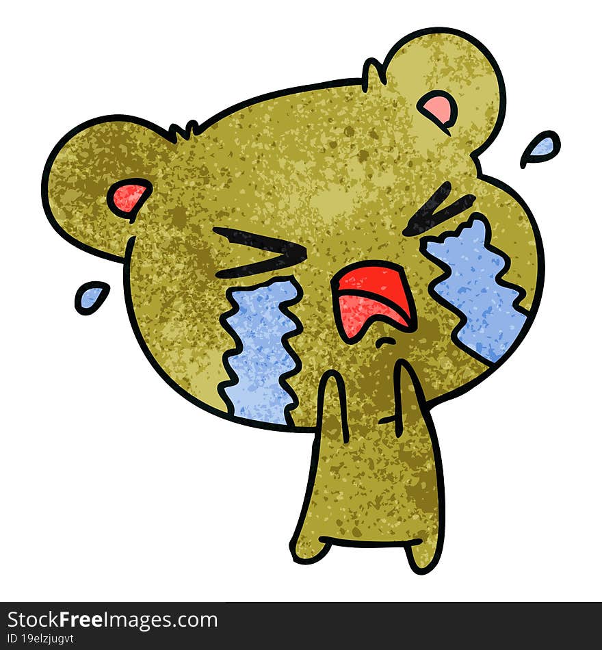 freehand drawn textured cartoon of a cute crying bear