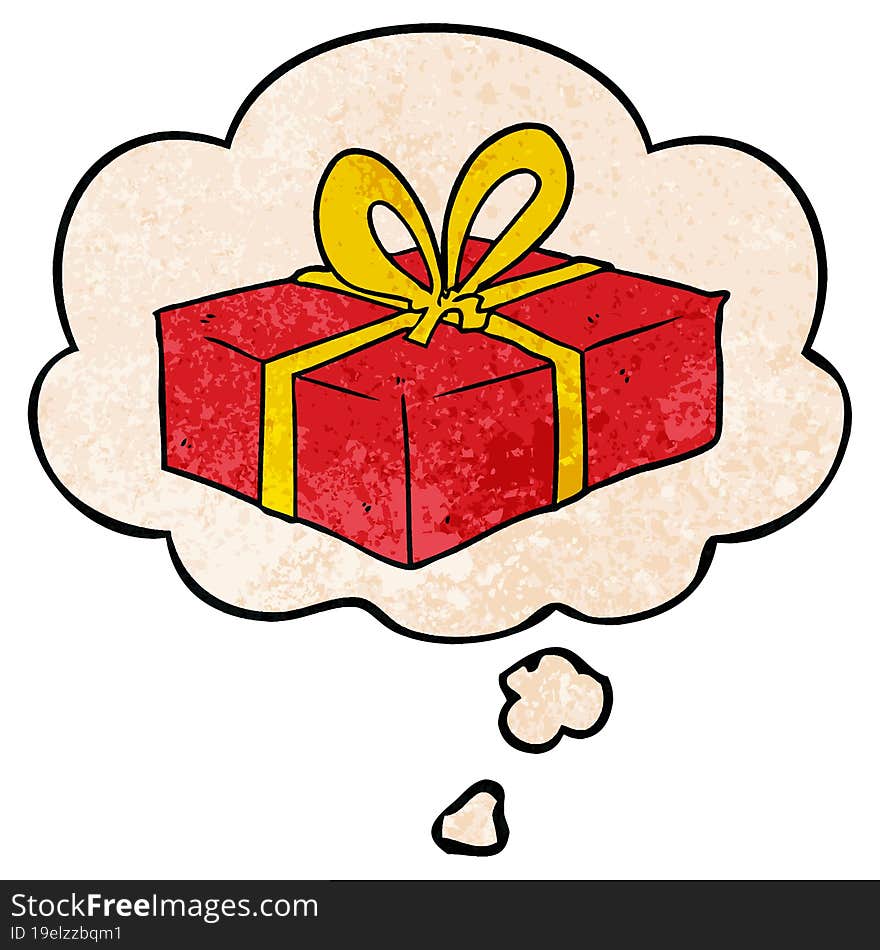 cartoon wrapped gift and thought bubble in grunge texture pattern style