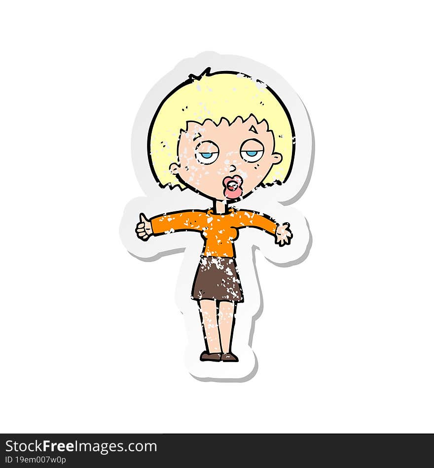 retro distressed sticker of a cartoon bored woman