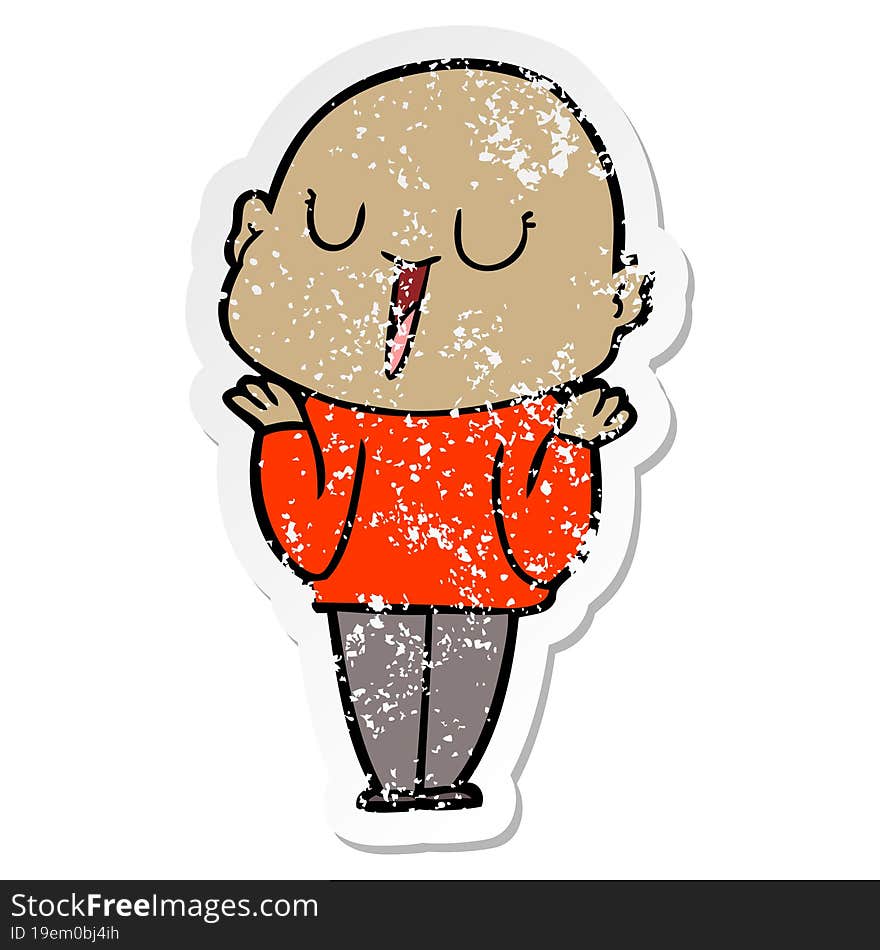 distressed sticker of a happy cartoon bald man shrugging shoulders