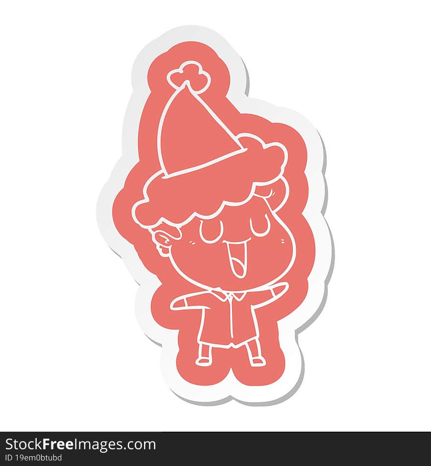 laughing quirky cartoon  sticker of a man wearing santa hat