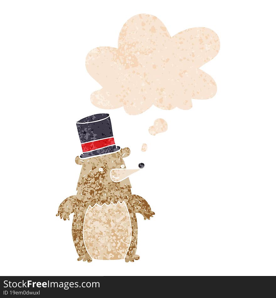 cartoon bear in top hat and thought bubble in retro textured style