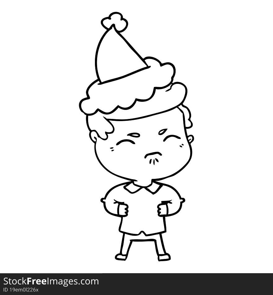 hand drawn line drawing of a annoyed man wearing santa hat