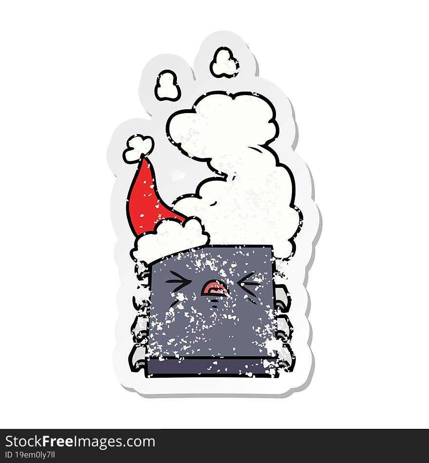 hand drawn distressed sticker cartoon of a overheating computer chip wearing santa hat