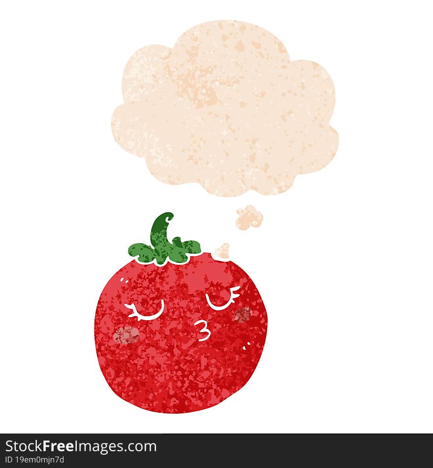 cartoon tomato and thought bubble in retro textured style