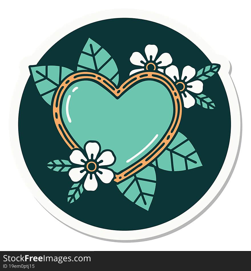 sticker of tattoo in traditional style of a botanical heart. sticker of tattoo in traditional style of a botanical heart