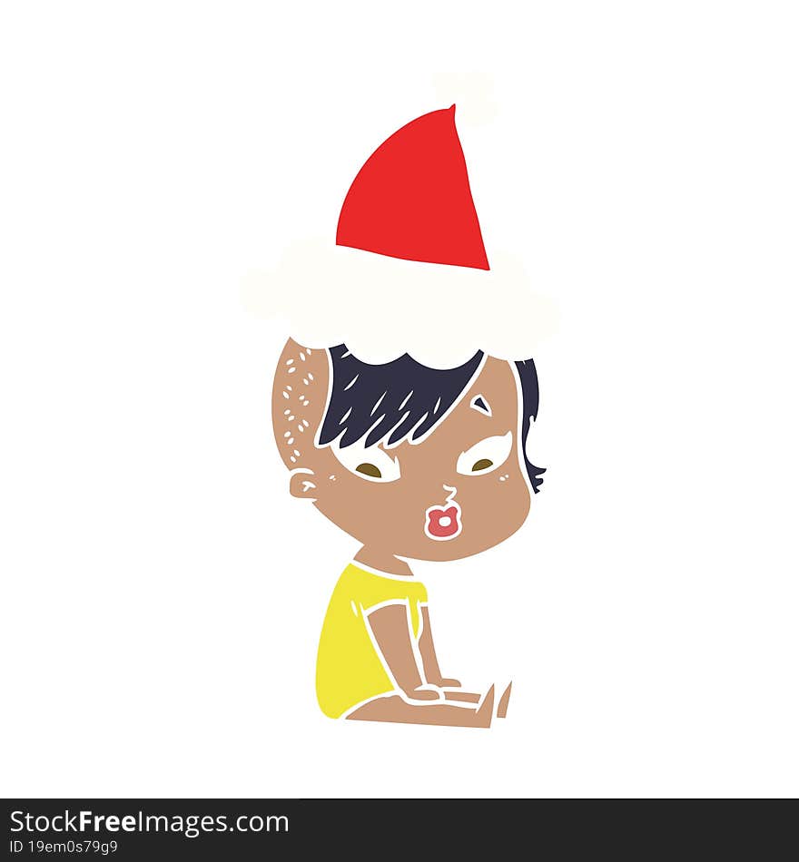 flat color illustration of a surprised girl wearing santa hat