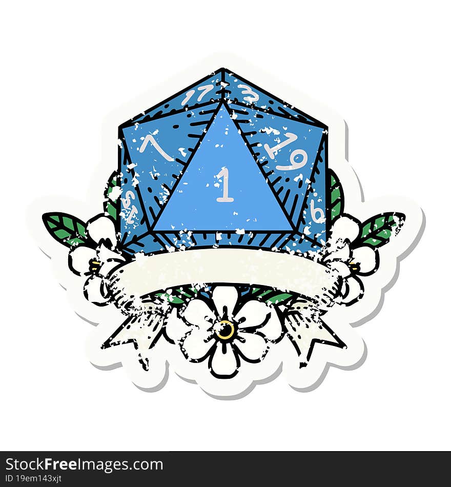 grunge sticker of a natural one d20 dice roll. grunge sticker of a natural one d20 dice roll