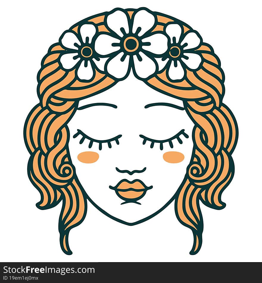 tattoo style icon of female face with eyes closed