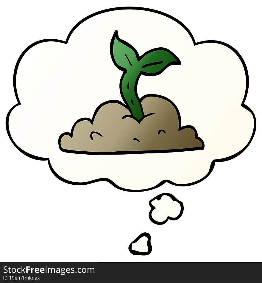 cartoon growing seedling with thought bubble in smooth gradient style