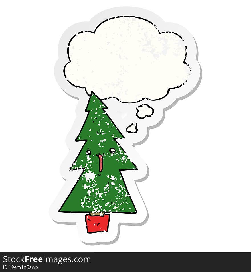 cartoon christmas tree with thought bubble as a distressed worn sticker