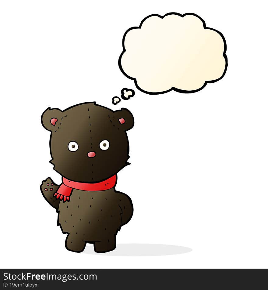 cartoon waving black bear cub with thought bubble