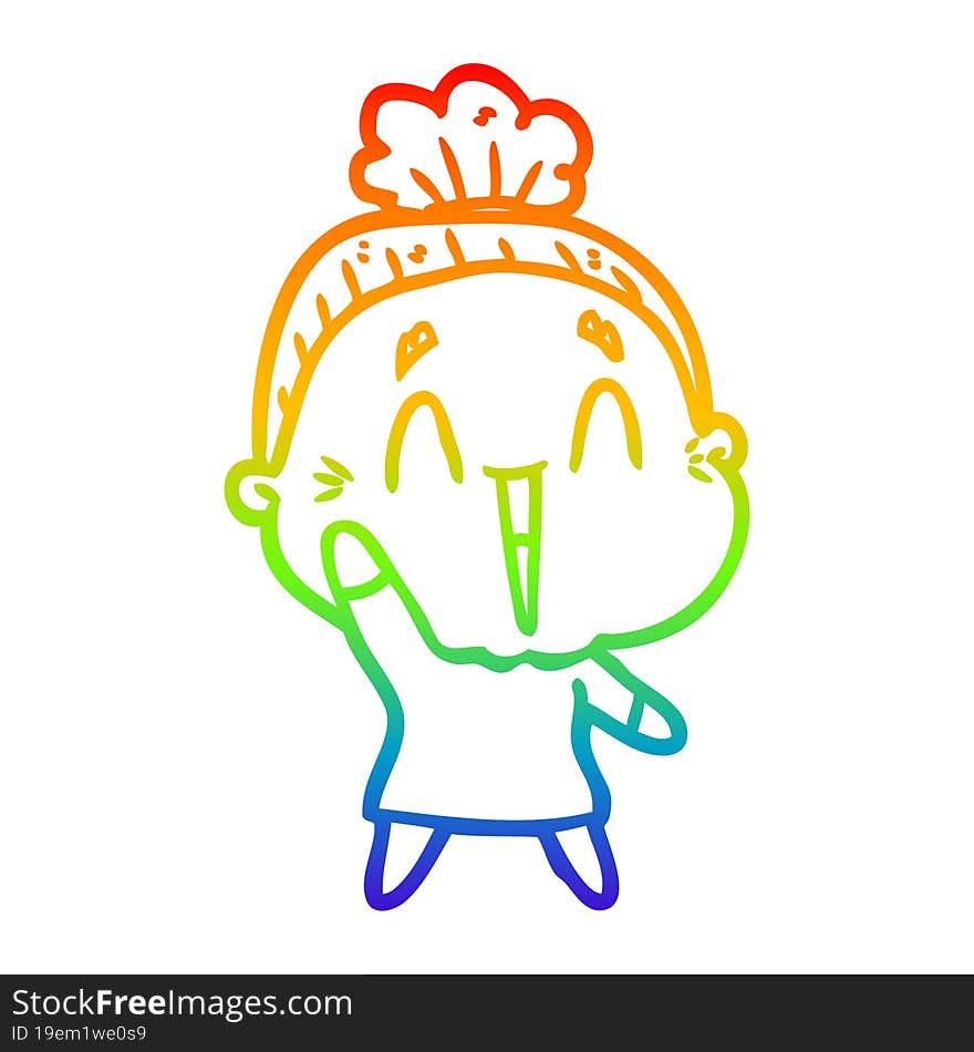 rainbow gradient line drawing of a cartoon happy old lady